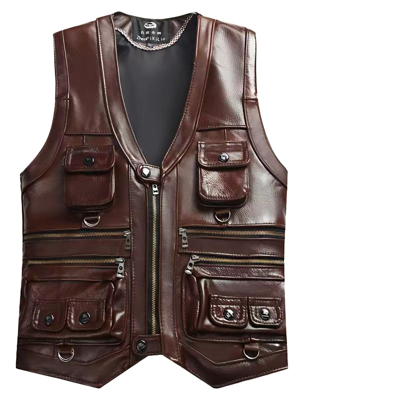 Leather Work Vest - 2025 Cowhide Genuine Leather Vest Men