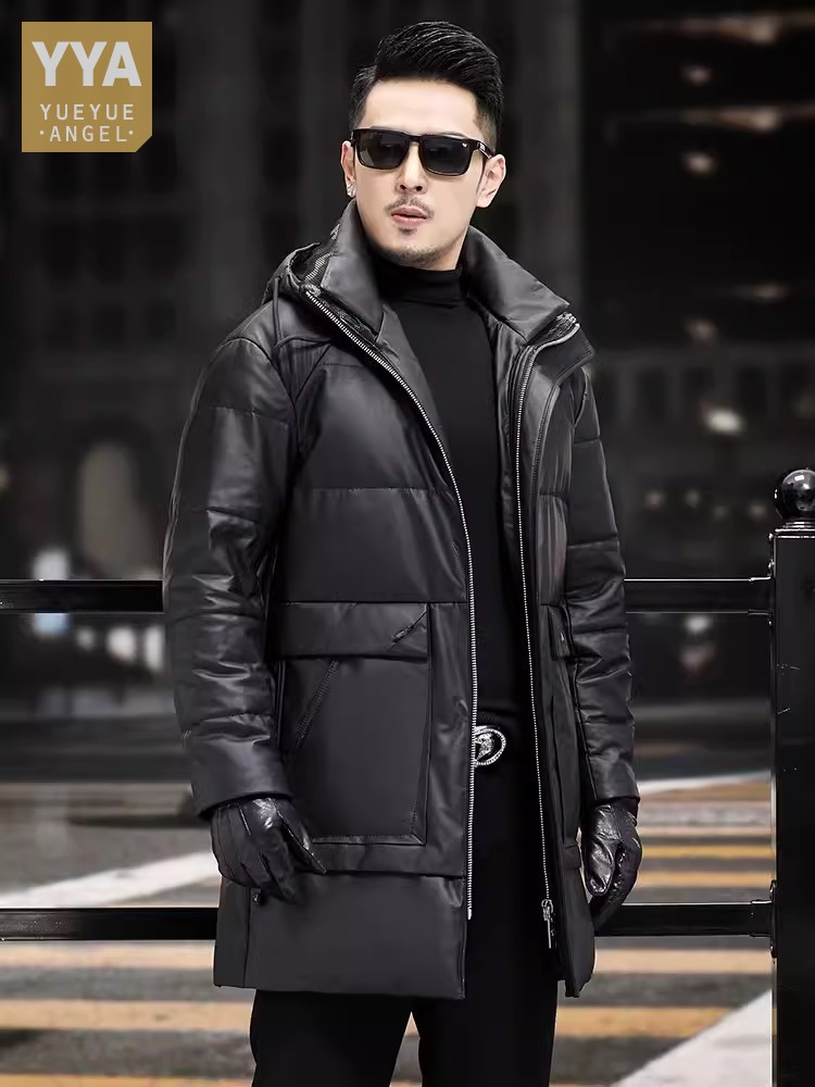 Leather Work Jacket With Hood - Winter Mens Thick Warm White Goose