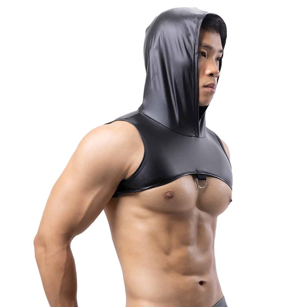 Leather Work Vest - Men Faux Leather Hooded Fitness Tank