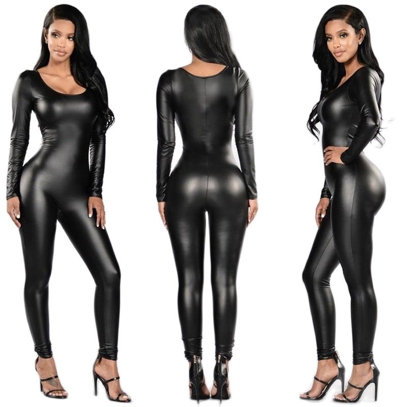 Leather Work Overalls - Woman PU Leather Jumpsuit Long Sleeve