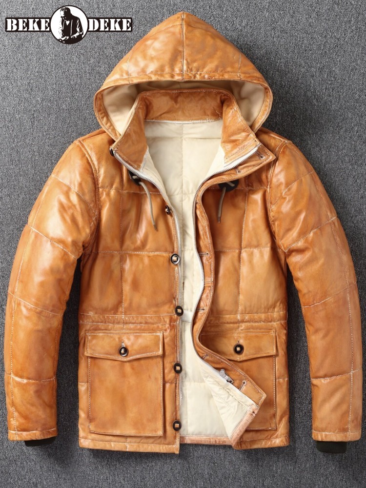 Winter Mens Sheepskin Genuine  - Leather Work Jacket With Hood recension och pris