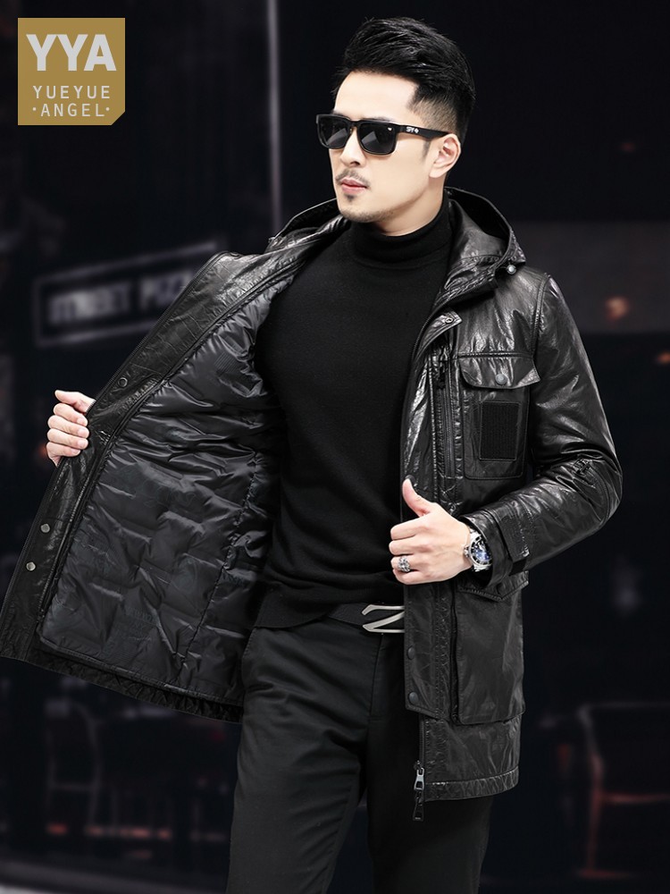 Men Winter Warm Mid Long Oil W - Leather Work Jacket With Hood recension och pris