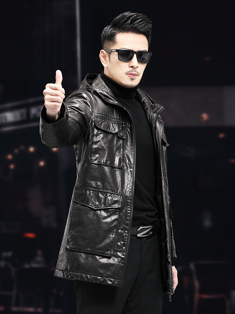 Men Winter Warm Mid Long Oil W - Leather Work Jacket With Hood recension och pris