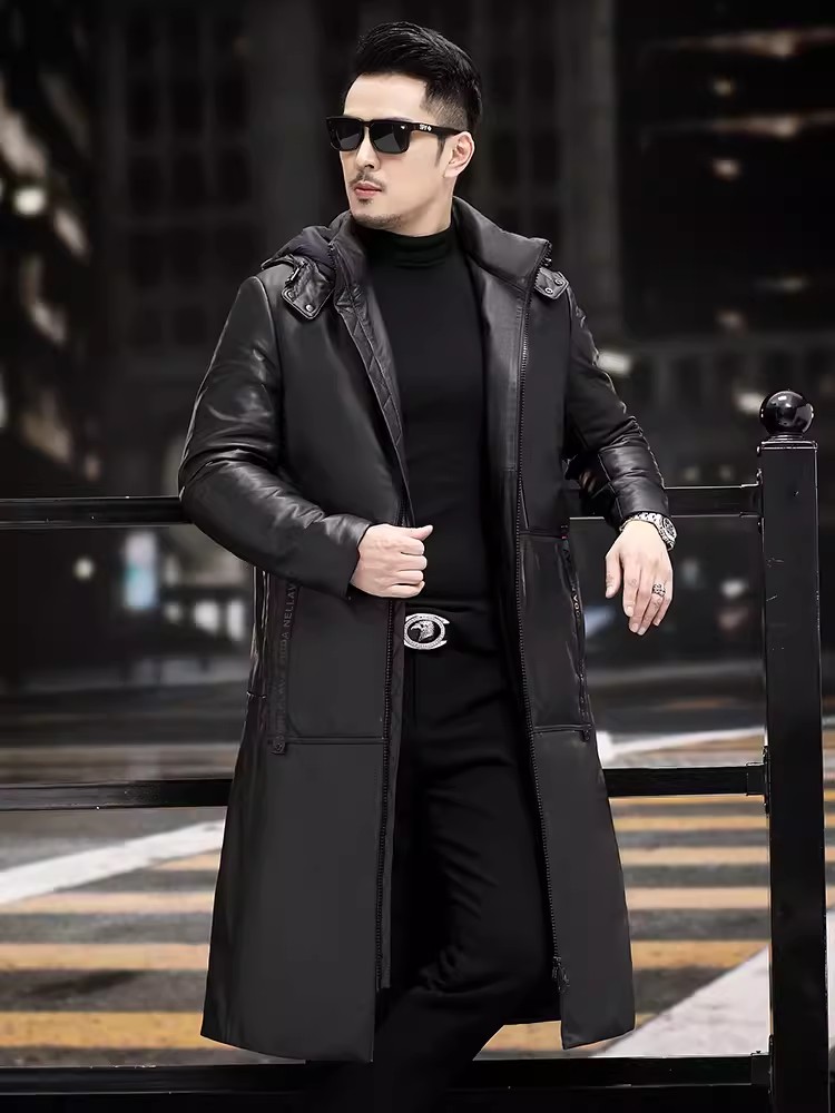 Winter Thick Warm Long Goose D - Leather Work Jacket With Hood recension och pris