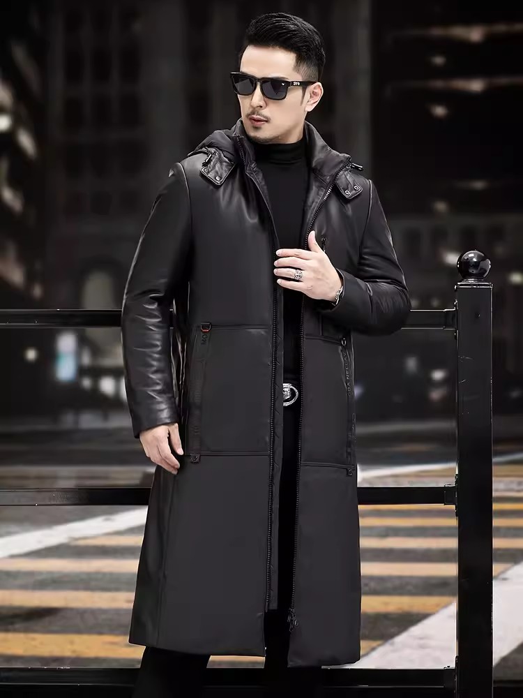 Winter Thick Warm Long Goose D - Leather Work Jacket With Hood recension och pris