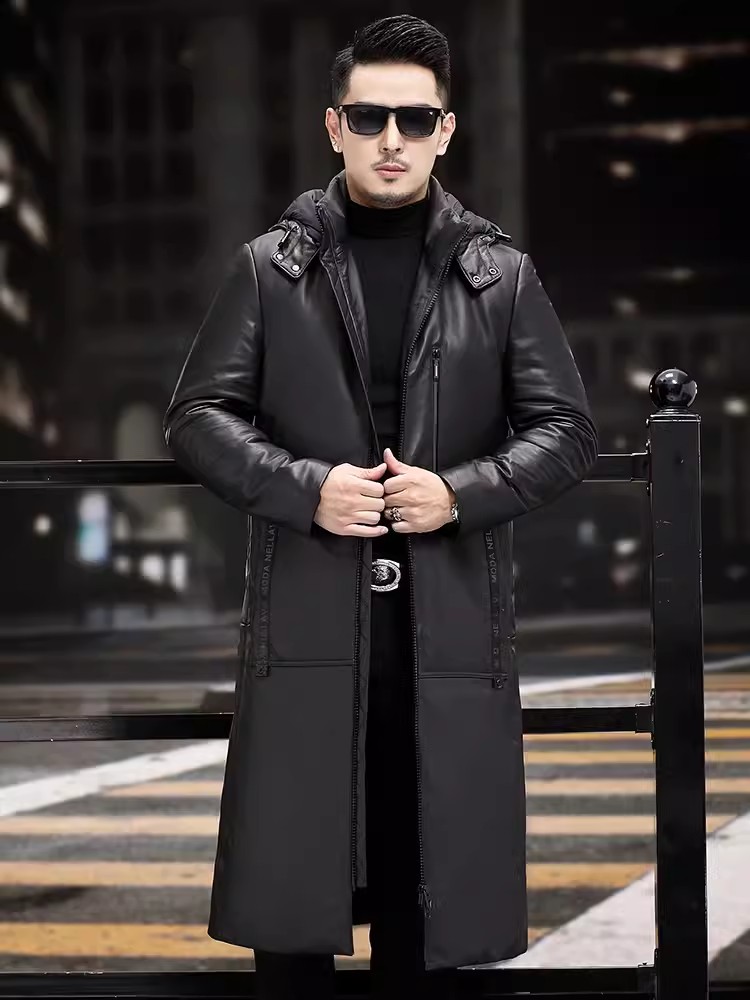 Winter Thick Warm Long Goose D - Leather Work Jacket With Hood recension och pris