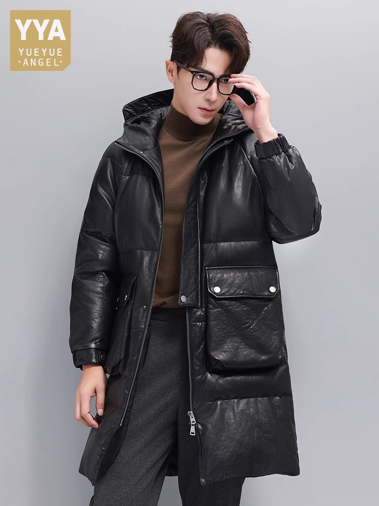 Winter Mens Warm Goose Down Ja - Leather Work Jacket With Hood recension och pris