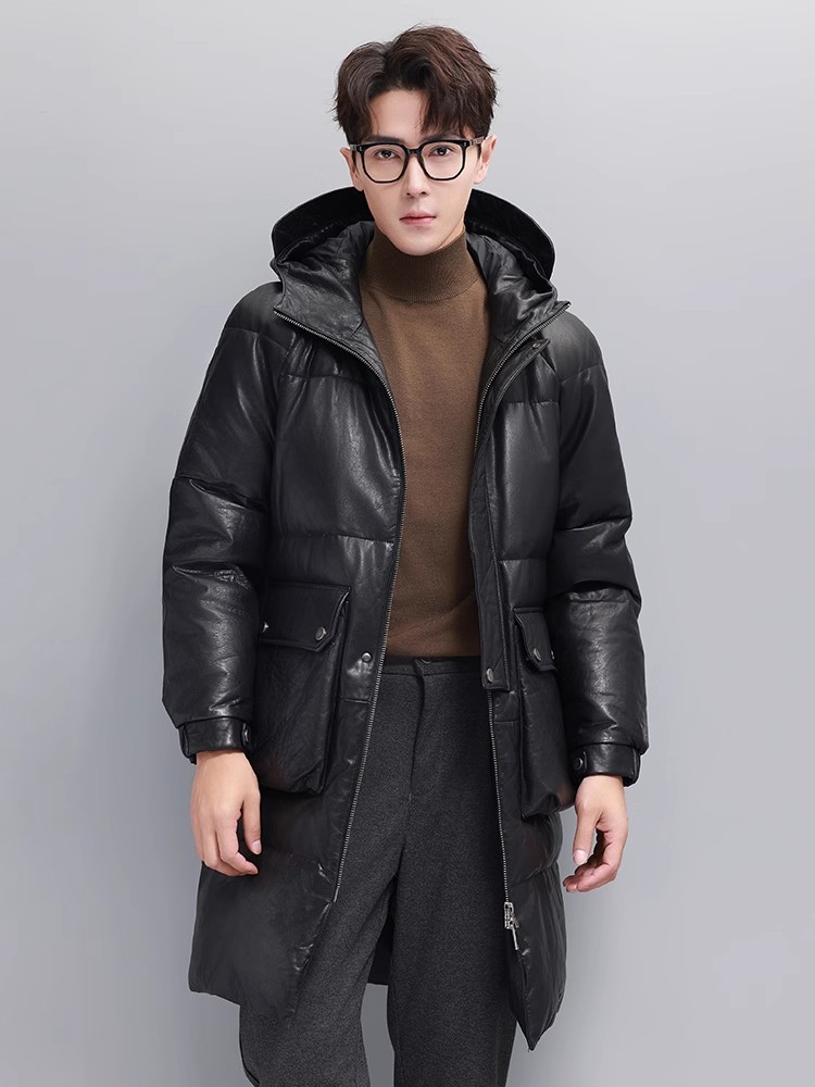 Winter Mens Warm Goose Down Ja - Leather Work Jacket With Hood recension och pris
