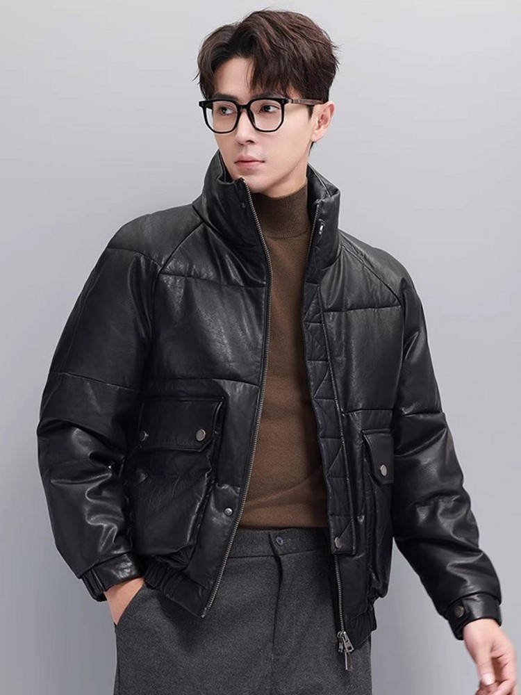 Winter Mens Warm Goose Down Ja - Leather Work Jacket With Hood recension och pris