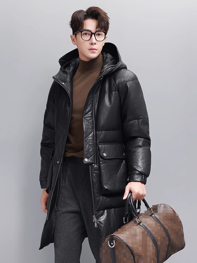 Winter Mens Warm Goose Down Ja - Leather Work Jacket With Hood recension och pris