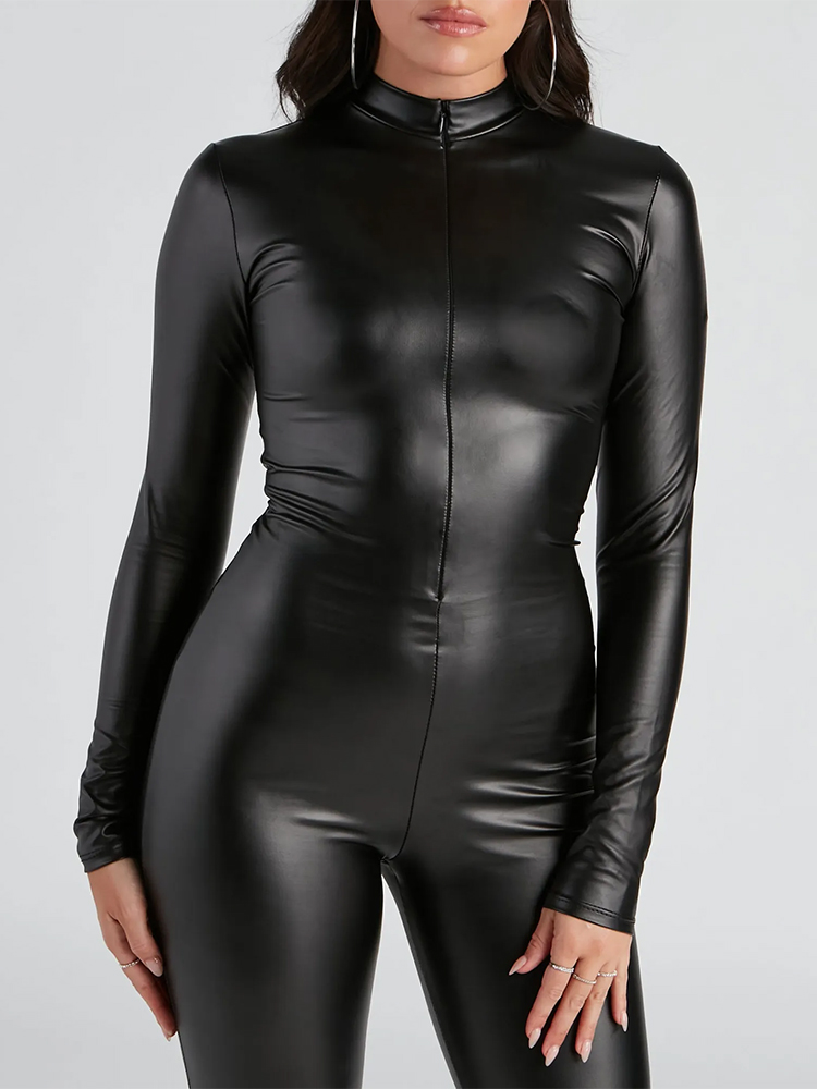 Women Stretch Matte Faux Leath - Leather Work Overalls recension och pris