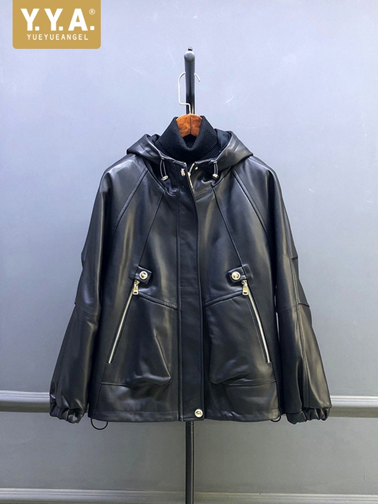 Hot Sale Autumn Women Natural  - Leather Work Jacket With Hood recension och pris