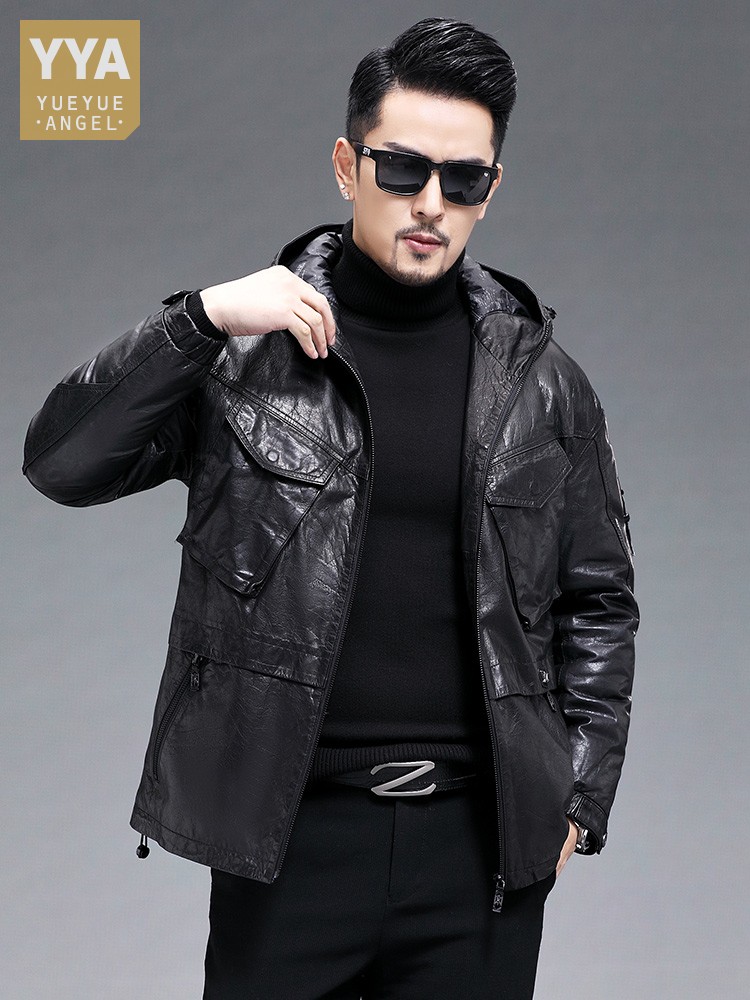 Winter Men Warm Real Goatskin  - Leather Work Jacket With Hood recension och pris