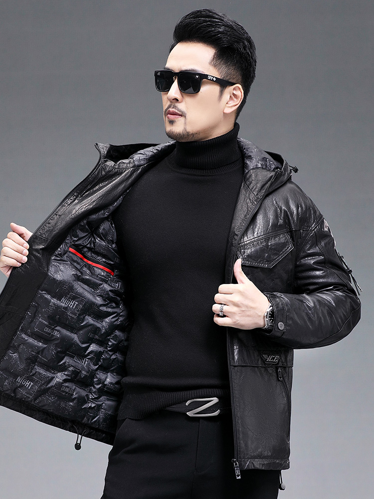 Winter Men Warm Real Goatskin  - Leather Work Jacket With Hood recension och pris