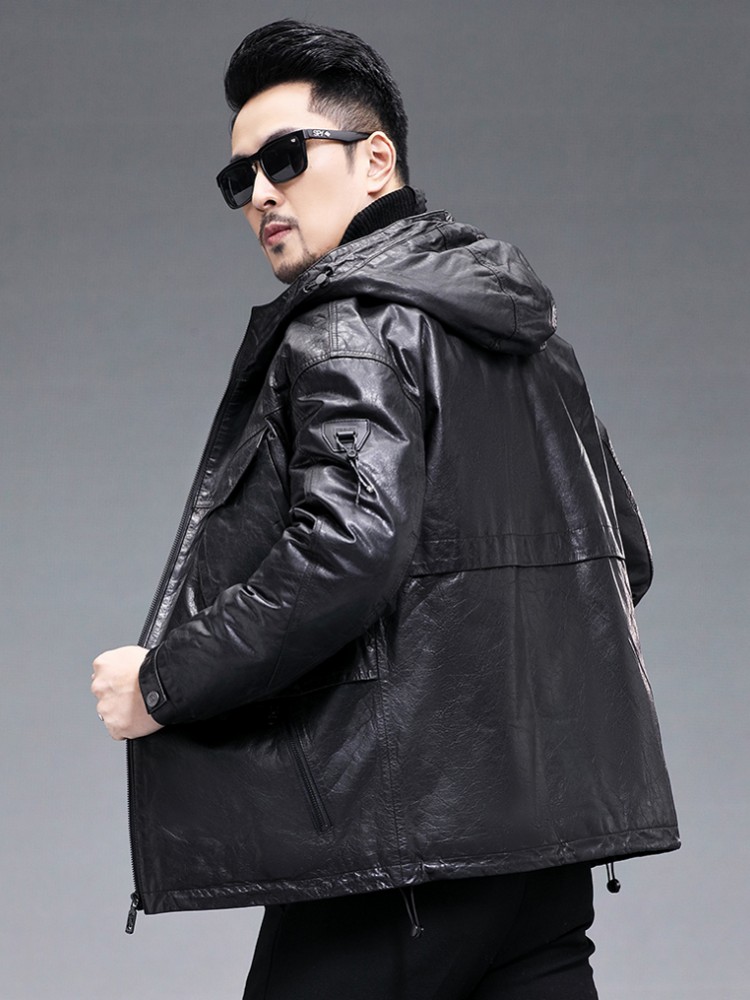 Winter Men Warm Real Goatskin  - Leather Work Jacket With Hood recension och pris