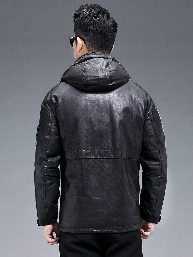 Winter Men Warm Real Goatskin  - Leather Work Jacket With Hood recension och pris