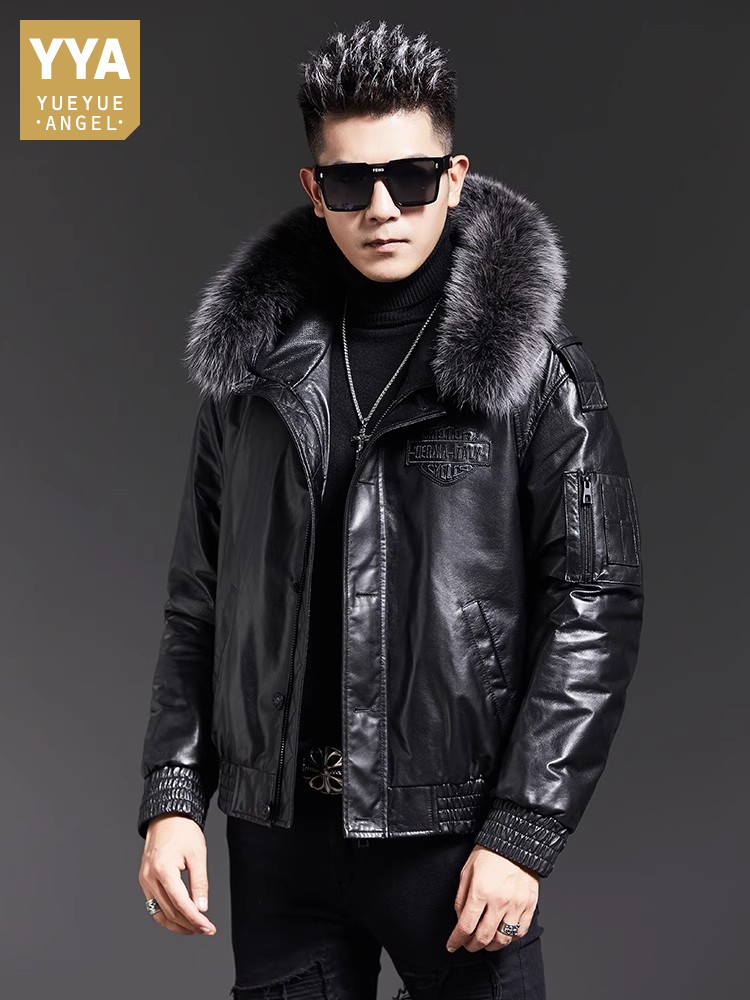 Fashion Mens Winter Fox Fur Co - Leather Work Jacket With Hood recension och pris