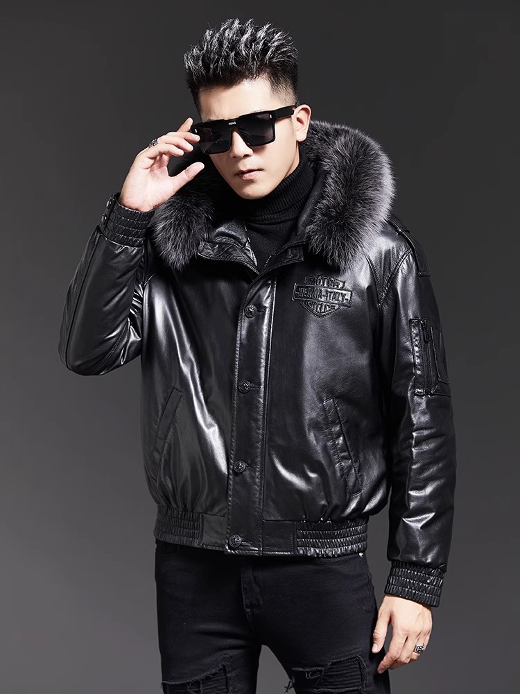 Fashion Mens Winter Fox Fur Co - Leather Work Jacket With Hood recension och pris