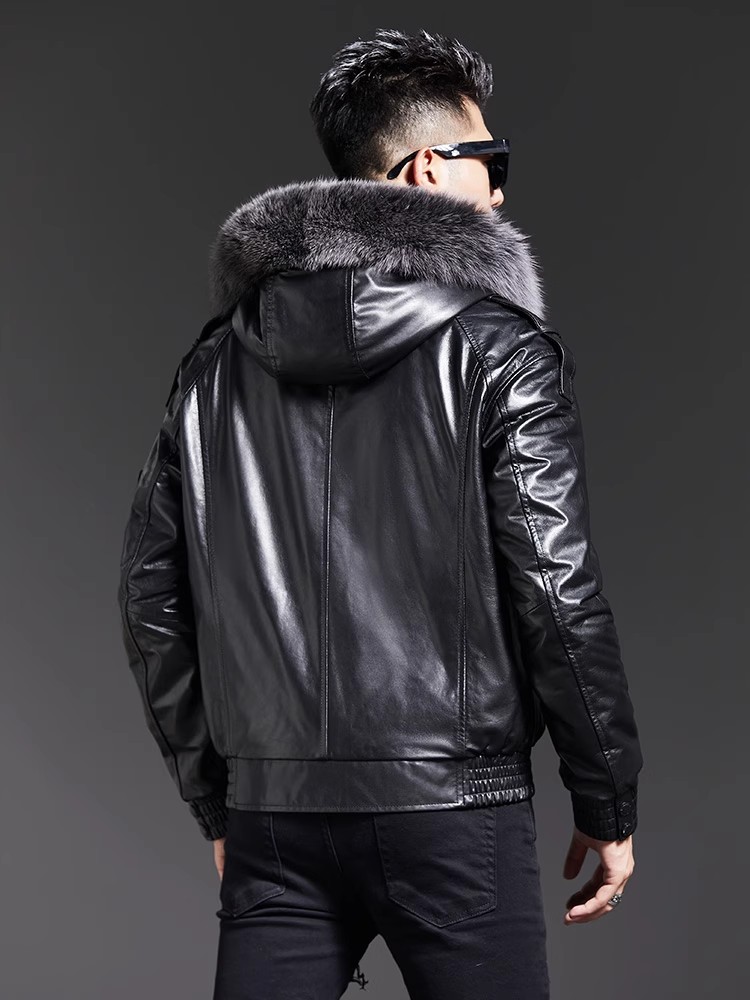 Fashion Mens Winter Fox Fur Co - Leather Work Jacket With Hood recension och pris