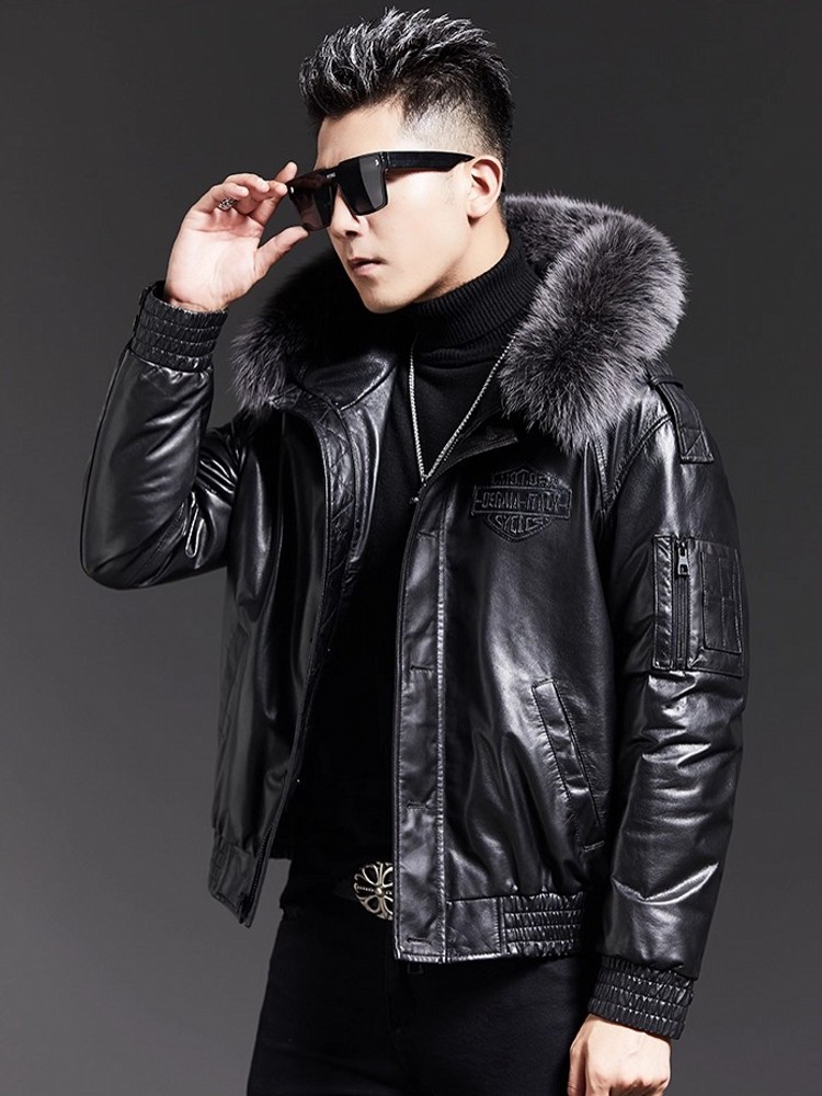 Fashion Mens Winter Fox Fur Co - Leather Work Jacket With Hood recension och pris